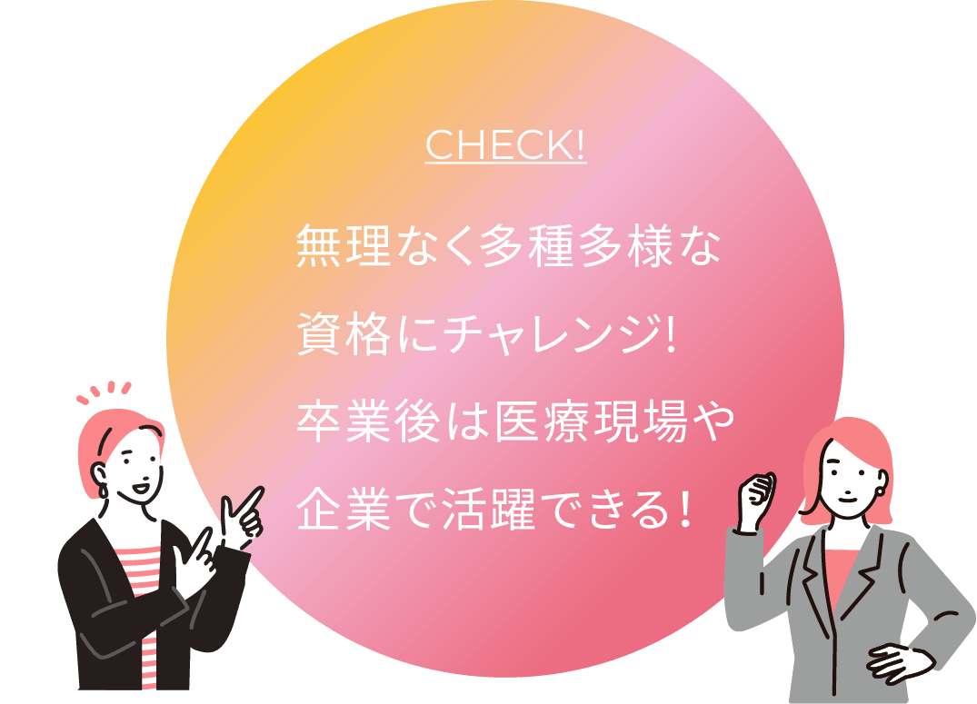 無理なく多種多様な資格にチャレンジ!卒業後は医療現場や企業で活躍できる！