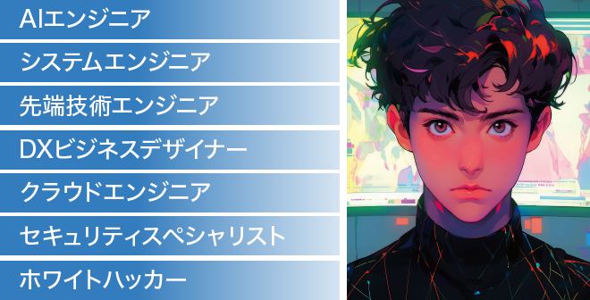 AIエンジニア、システムエンジニア、先端技術エンジニア、DXビジネスデザイナー、クラウドエンジニア、セキュリティスペシャリスト、ホワイトハッカー