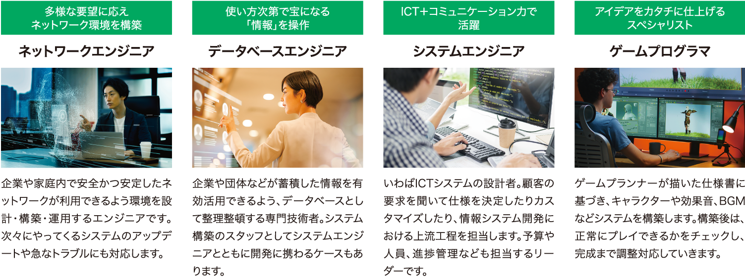 ネットワークエンジニア、データベースエンジニア、システムエンジニア、ゲームプログラマ