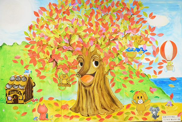 巨大漆喰パネルにイラスト制作